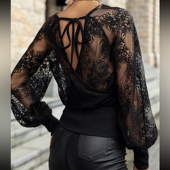 New Sheer Mesh Floral Lace Tie Back Lantern Sleeve Top Black - Picture 1 of 6